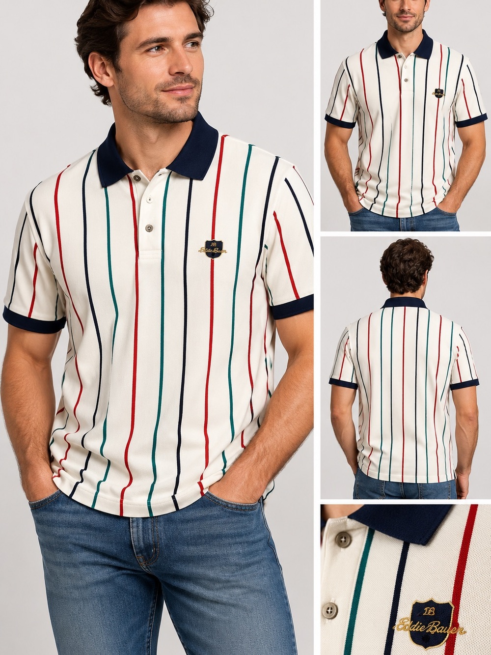 Vintage Eddie Bauer White Polo with Navy Collar and Red, Teal, and Black Stripes - Picture 1 of 8